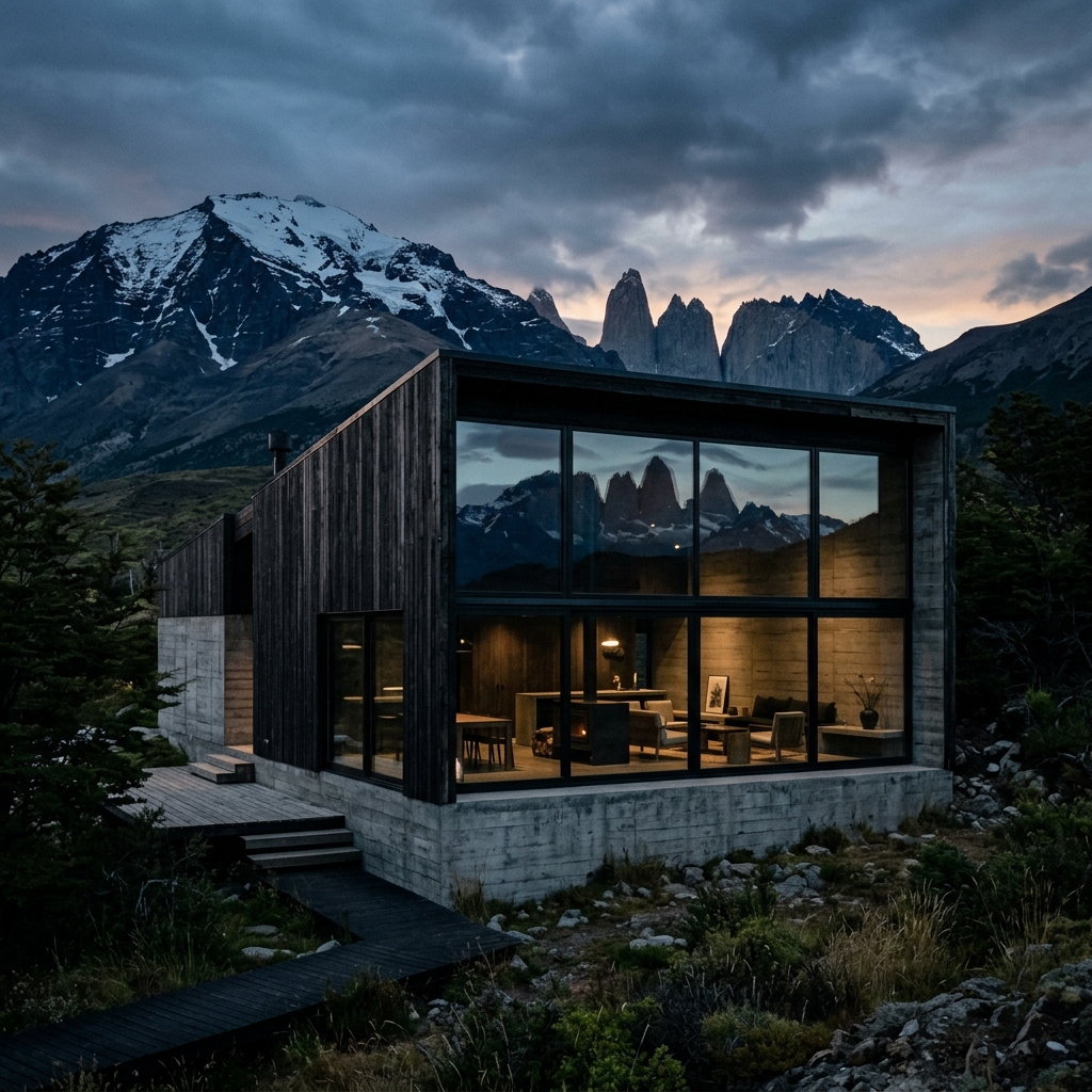 Arquitectura vernácula patagónica — lodge de hormigón y madera oscura